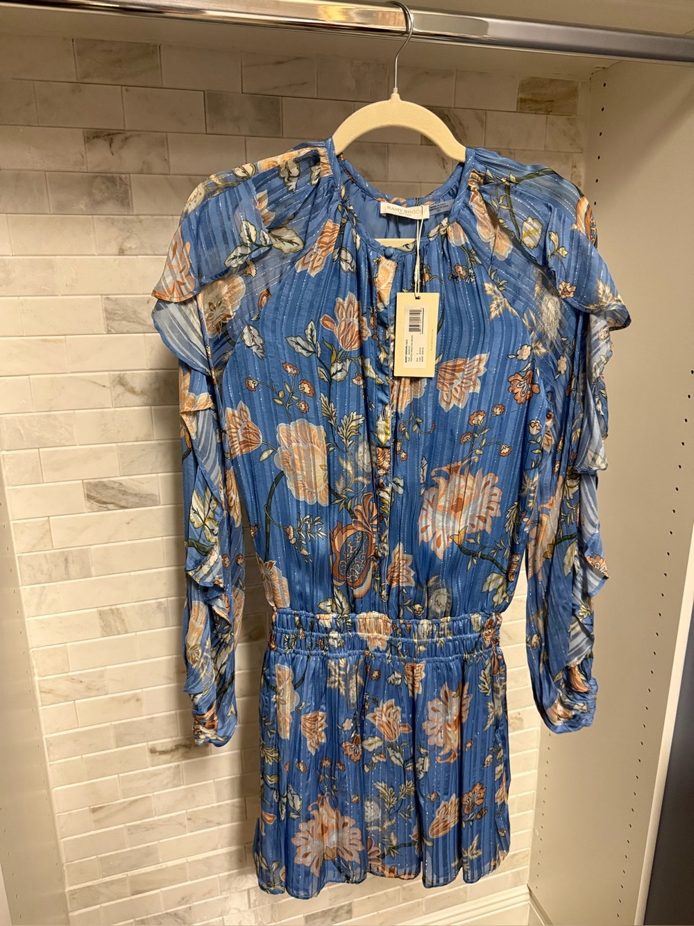 Ramy Brook Blue Floral Pleated Long-Sleeve Mini Dress